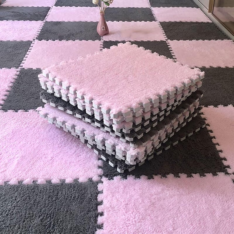 Typutomi 10pcs Plush Puzzle Foam Floor Mat, Soft Fluffy Interlocking Square Foam Tiles Area Rugs Carpet for Parlor Bedroom Decoration(11.8x11.8in, Grey&Pink) - Image 1
